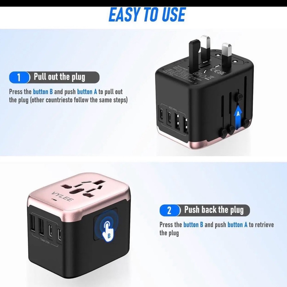 VYLEE Universal International Power Travel Plug Adapter, 5 in 1 European Travel - Picture 3 of 5
